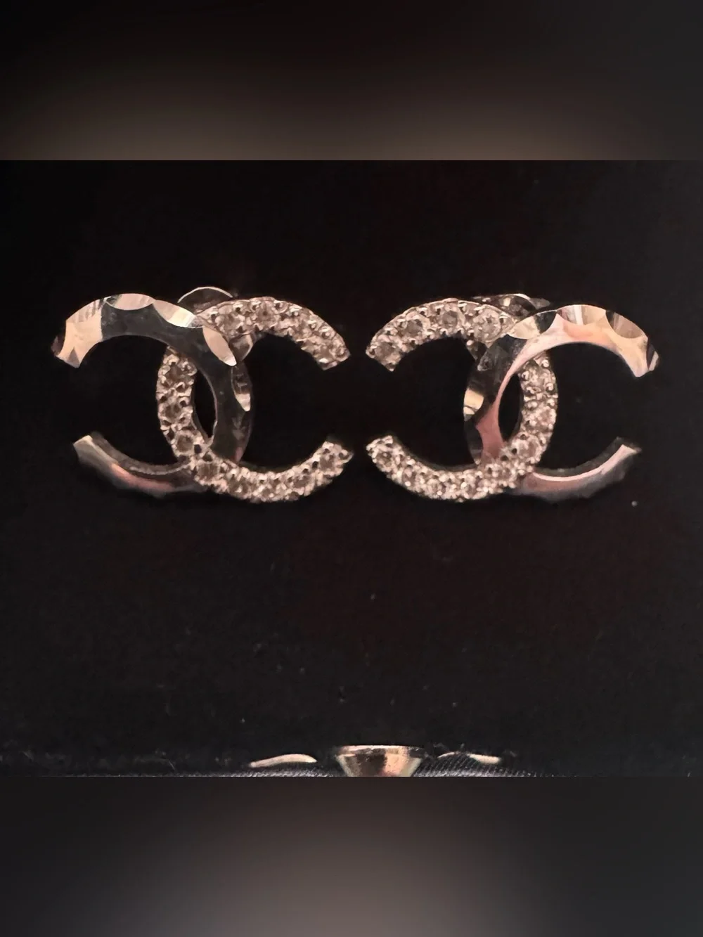 CHANEL Silver CC Crystal Logo Earrings